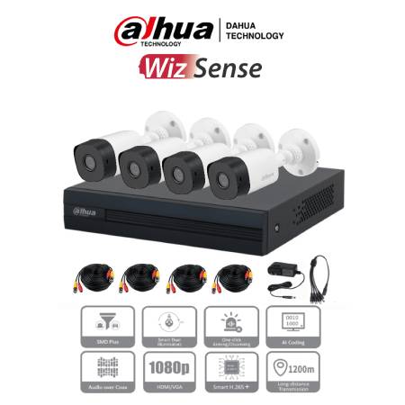 DAHUA KITXVR1B04-I+4B1A21 - Kit de 4 Canales de 2 Megapíxeles/ DVR Cooper-I WizSense/ Con IA/ H.265+/ 4 Cámaras B1A21 1080p/ 4 Canales + 1 IP o Hasta 5 Canales IP/ 4 Canales SMD Plus/ Búsqueda de Humanos y Vehículos/ Accesorios/24 MESES GTIA